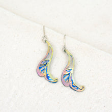 Load image into Gallery viewer, Always Leaf a Little Room for Whimsy earrings, swirly leaf-shaped earrings with little cutouts hand-painted titanium in yellow, pink, and blue