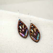 Load image into Gallery viewer, handcrafted Firefly Forest earrings, dangle and drop teardrop shaped wooden and titanium earrings painted in rainbow colors