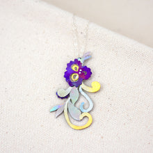 Load image into Gallery viewer, She Will Bloom in a Dark Room necklace, a hand-painted titanium purple flower pendant with curly vines and leaves