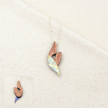 Load image into Gallery viewer, handmade The Wind in Her Sails necklace in plush in plaid, yellow and blue with a dark blue hand painted back