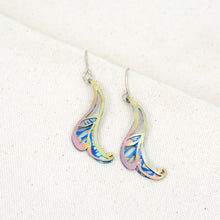Load image into Gallery viewer, Always Leaf a Little Room for Whimsy earrings, swirly leaf-shaped earrings with little cutouts hand-painted titanium in yellow, pink, and blue
