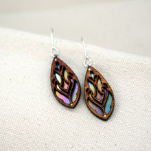 Load image into Gallery viewer, handcrafted Firefly Forest earrings, dangle and drop teardrop shaped wooden and titanium earrings painted in rainbow colors

