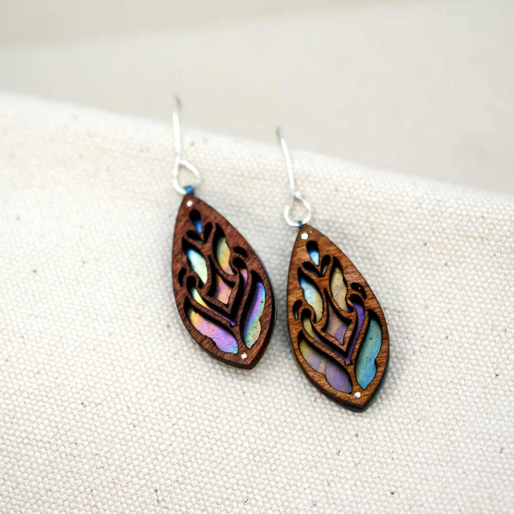 handcrafted Firefly Forest earrings, dangle and drop teardrop shaped wooden and titanium earrings painted in rainbow colors