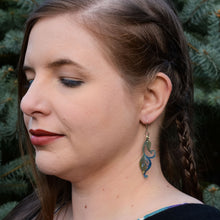 Load image into Gallery viewer, woman modeling the Foliage She Leaves Behind Earrings silver blue-light yellow
