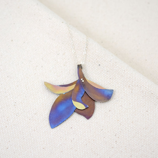 Her Soul Drips Purple Honey necklace, a flower pendant, purple, dark gold, and light pink hand-painted titanium