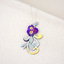 Load image into Gallery viewer, She Will Bloom in a Dark Room necklace, a hand-painted titanium purple flower pendant with curly vines and leaves
