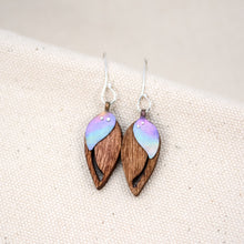 Load image into Gallery viewer, hand crafted wooden and titanium The Dew at Dawn earrings hand painted in light purple and silver-green
